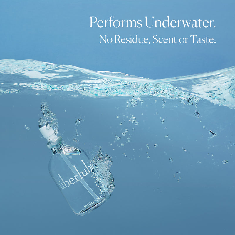 Bottle of Überlube 50ml long lasting silicone lube is shown underwater with the words "Performs underwater. No residue, scent, or taste." written on the image. | Kinkly Shop