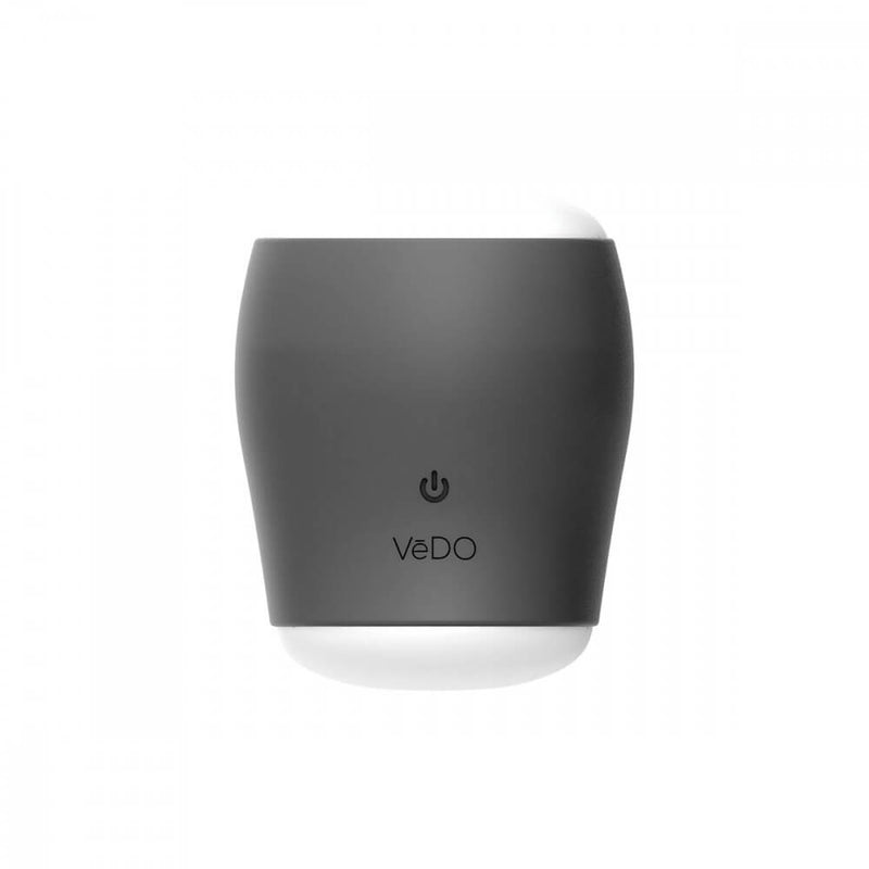 Straight-on view of the VeDO Grip shows how the interior, super-soft white internal sleeve strokes out past where the black, silicone gripping loop is. This angle also shows the etched-in power button and the etched VeDO logo on the silicone. | Kinkly Shop
