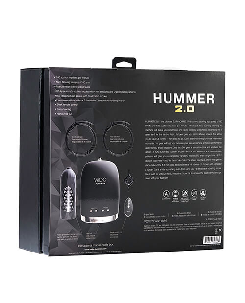 Backside of the packaging for the VeDO Hummer 2.0 hands free male sex toy | Kinkly Shop