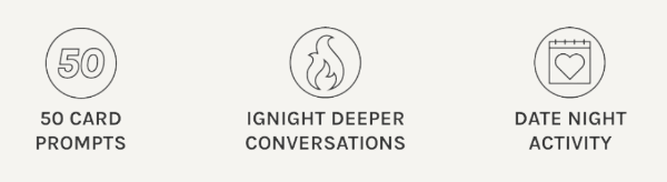 Image showcases three features of the VUSH Curiosity Cues. The text reads "50 Card Prompts, Ignight Deeper Conversations, Date Night Activity" | Kinkly Shop