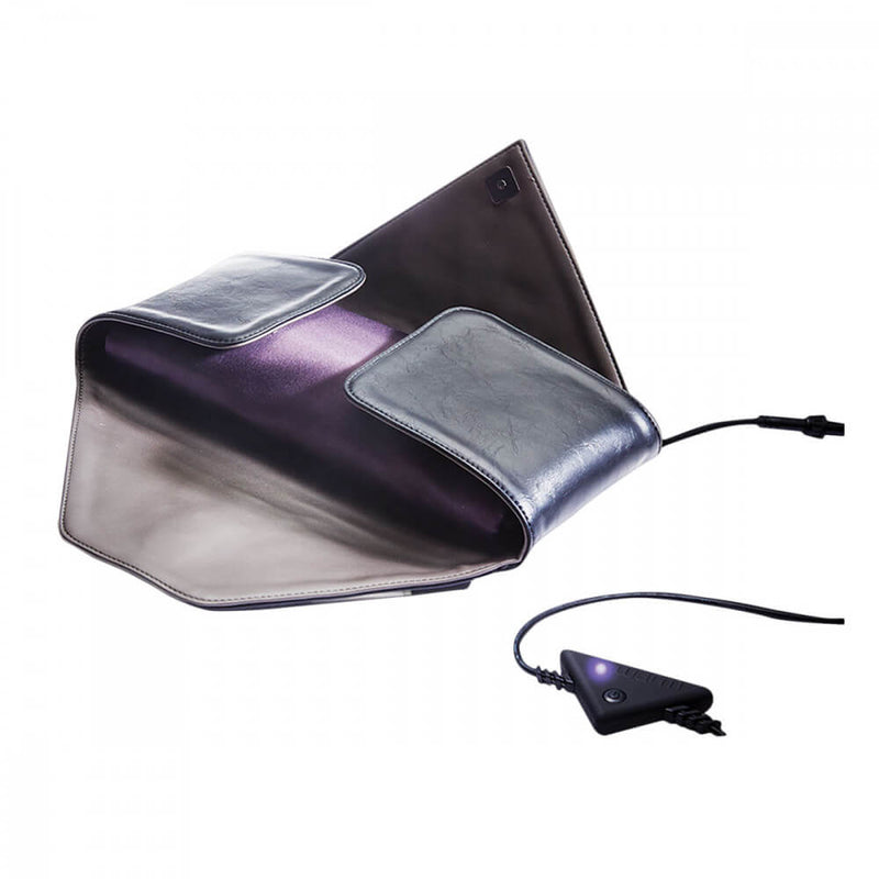 The WARM Sex Toy Warmer's vegan exterior is unfastened to showcase the purple wrap interior where the toys are being warmed. | Kinkly Shop
