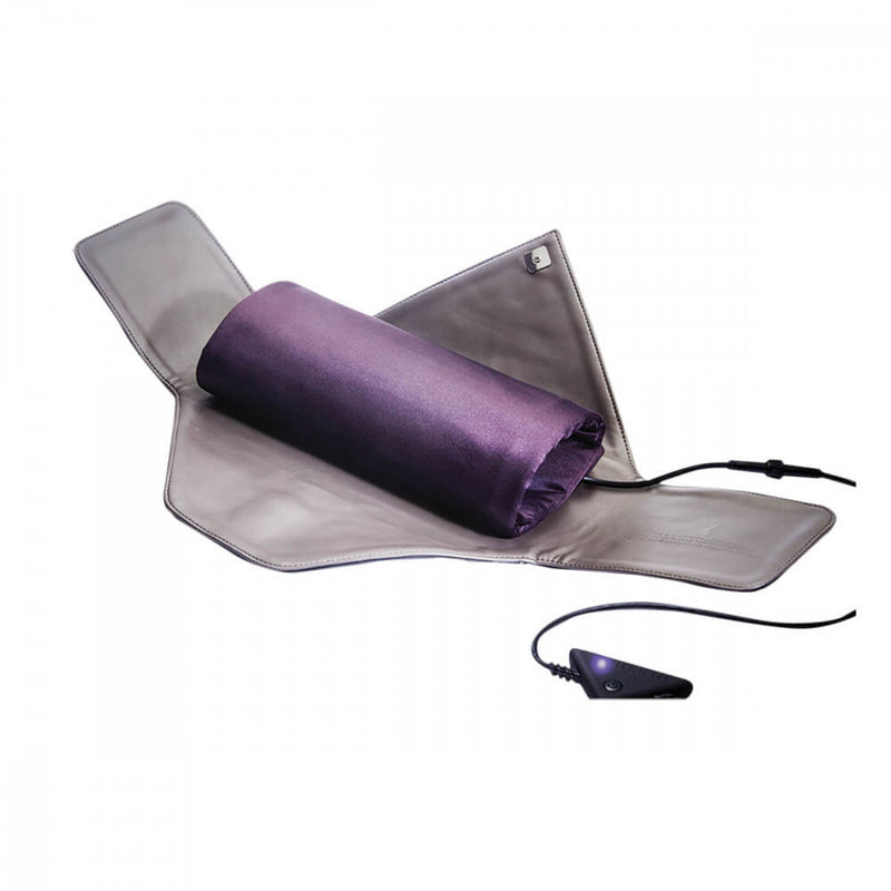 The WARM Sex Toy Warmer's vegan leather exterior is fully unfastened and laid flat. This showcases the purple wrap interior where the toys are wrapped in to be heated. | Kinkly Shop