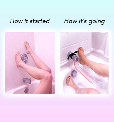 Meme shows two photos next to one another. The photo entitled "How it Started" shows a person's two legs cramped up against the edge of the tub to try to position their genitals properly under the bathtub faucet. The picture titled "How It's Going" shows the Waterslyde Bathtub Water Diverter diverting the water to a mid-point in the bathtub so the person can comfortably stretch out their legs while receiving water on their genitals. | Kinkly Shop