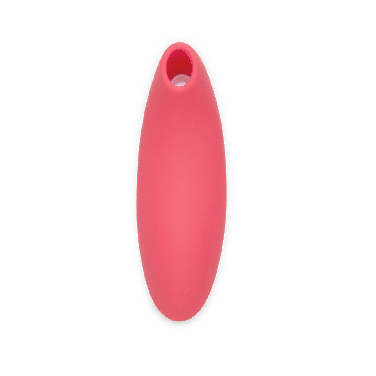 The open hollow tip of the We-Vibe Melt faces the camera. The hollow tip is built into the toy's surface itself. It is not an interchangeable tip. The toy looks like a really long oval. | Kinkly Shop