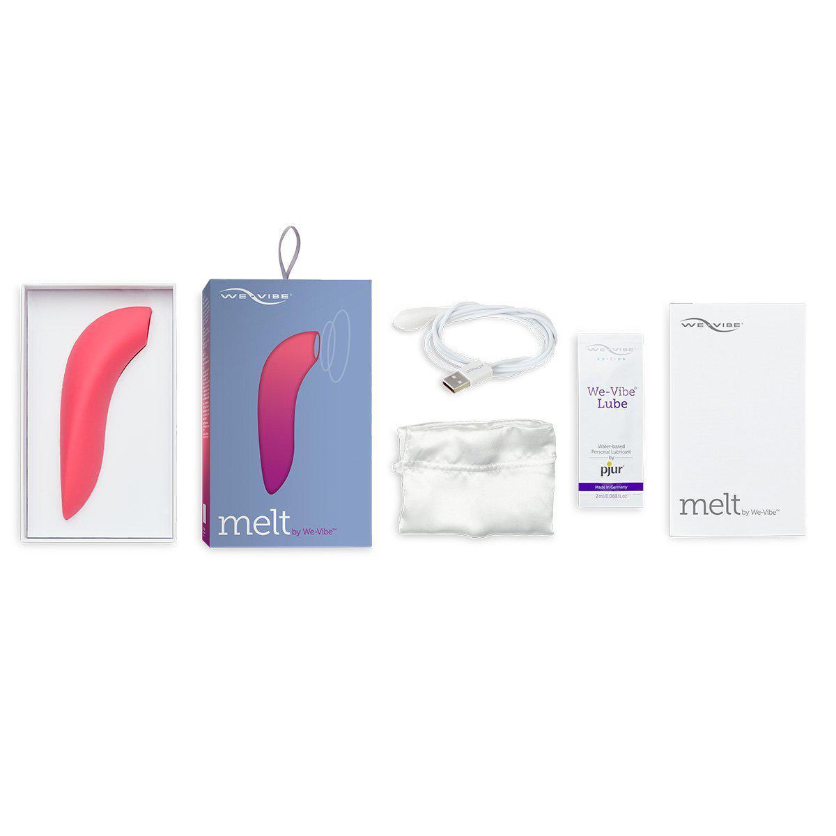 Everything that's included with the We-Vibe Melt. There's the vibrator itself, the charging cable, a storage bag, a sample of We-Vibe Lube, and the instruction manual. | Kinkly Shop