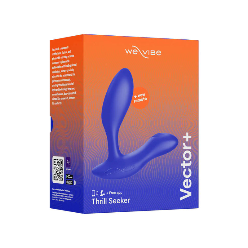 Packaging for the We-Vibe Vector+ in Royal Blue. The packaging is a sturdy box in bright orange and royal blue colors. | Kinkly Shop