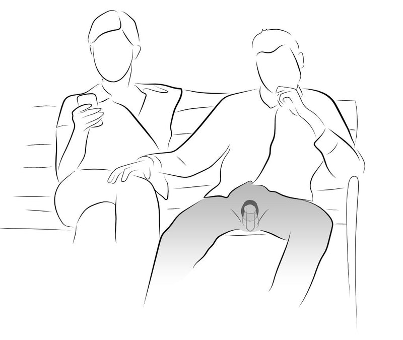 An illustration for how the We-Vibe Bond can be used. It shows two people on a park bench. The penis owner is casually lounging while wearing the We-Vibe Bond around their penis. They have their hand on their partner's leg. Their partner is holding a phone and presumably controlling the vibrations to the We-Vibe Bond that the penis-owner is wearing. | Kinkly Shop