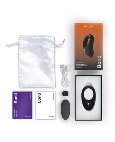 Everything that comes with the We-Vibe Bond laid out in a lay-flat image. This shows the packaging, the We-Vibe Bond, the Custom Link piece, the remote, the charging cable, the Quick Start Guide, the full instruction manual, and the storage pouch. | Kinkly Shop