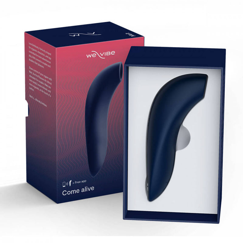 The packaging of the We-Vibe Melt in Midnight Blue opened up so that you can see the We-Vibe Melt in Midnight Blue contrasted with its white storage tray inside the packaging | Kinkly Shop