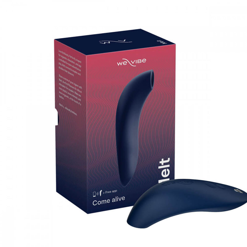 We-Vibe Melt in Midnight Blue resting in front of its packaging | Kinkly Shop