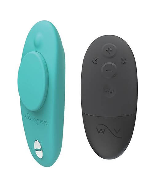 We-Vibe Moxie+ Panty Vibe sitting next to the included remote. The remote is black in color while the vibrator is a light aqua color. | Kinkly Shop