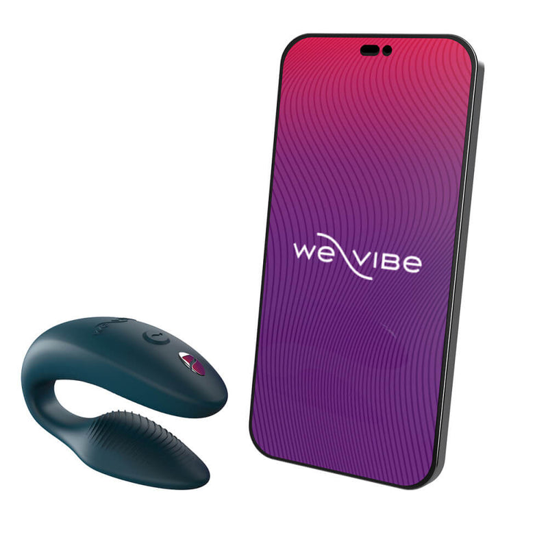 The We-Vibe Sync 2 shown next to a cell phone with the We-Vibe Connect app launched on the phone next to it. | Kinkly Shop