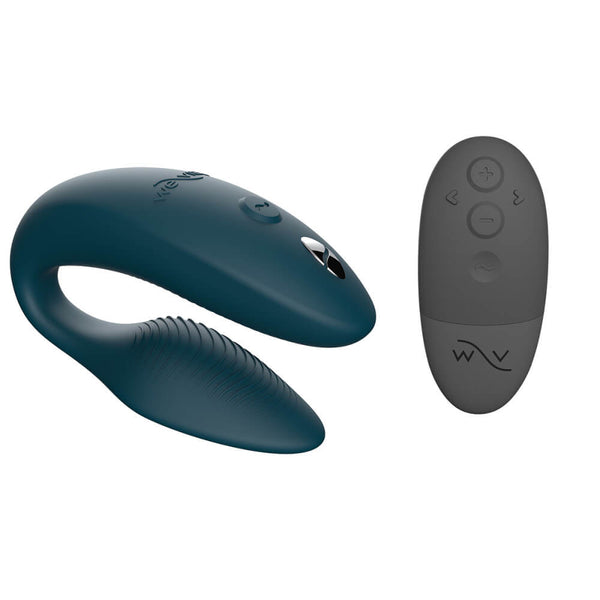 The We-Vibe Sync 2 in Green Velvet next to the remote that comes with it. The remote is a plain, matte black. | Kinkly Shop