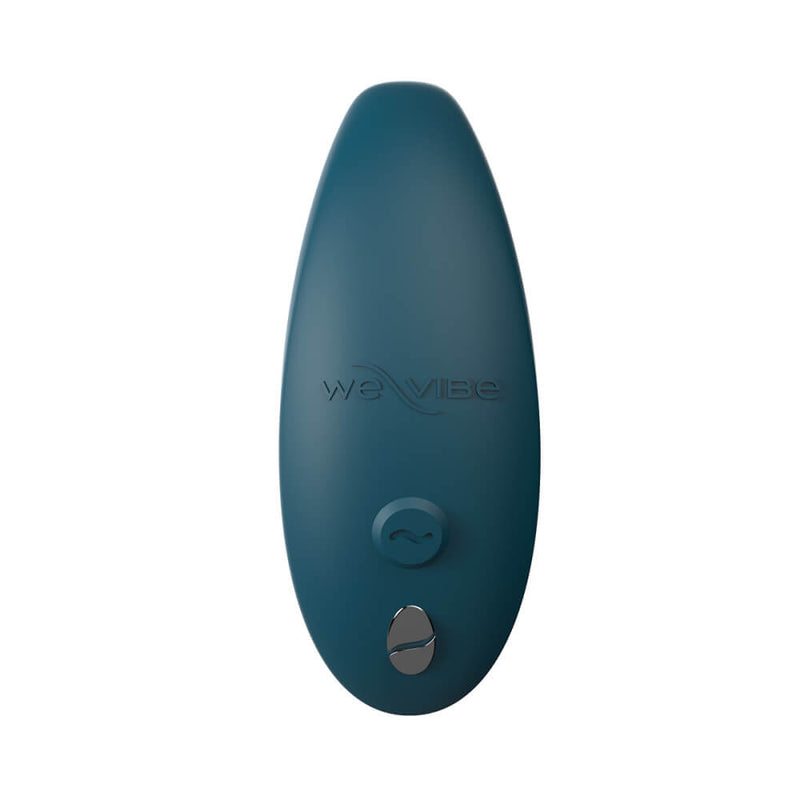 A top down view of the We-Vibe Sync 2 that showcases the thicker, clitoral end from the top. The We-Vibe logo is etched into the silicone. There's also a single button as well as the two magnetic charging contact points on the top of the vibrator. | Kinkly Shop