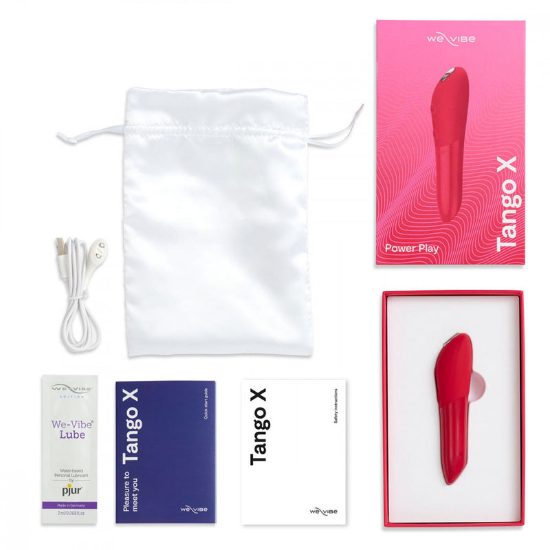 Image shows everything that comes with the We-Vibe Tango X including the bullet vibrator box, sex toy storage bag, vibrator charging cable, sample of We-Vibe Lube, and instructions for We-Vibe Tango X | Kinkly Shop