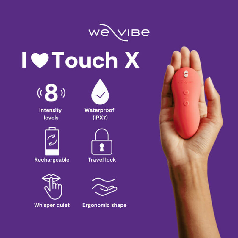 A person's hand holds the We-Vibe Touch X against a purple background. There is a lot of text on the image that describes the different features of the We-Vibe Touch X. Text includes: "We-Vibe. I Love Touch X. 8 Intensity Levels. Rechargeable. Whisper quiet. Waterproof IPX7. Travel Lock. Ergonomic Shape." | Kinkly Shop