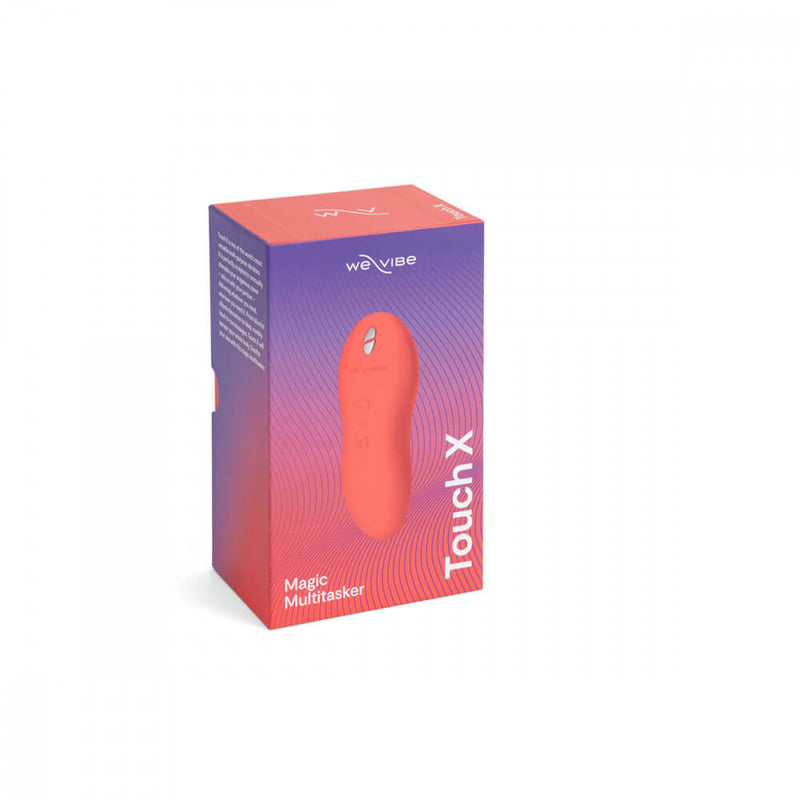 The packaging for the We-Vibe Touch X in Crave Coral. It's a rectangular box that would be easy to wrap with paper. | Kinkly Shop