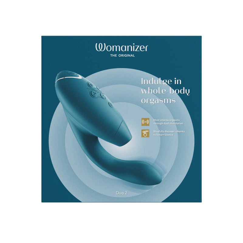 Packaging for the Womanizer Duo 2. It's a rectangular box that would be easy to gift. | Kinkly Shop