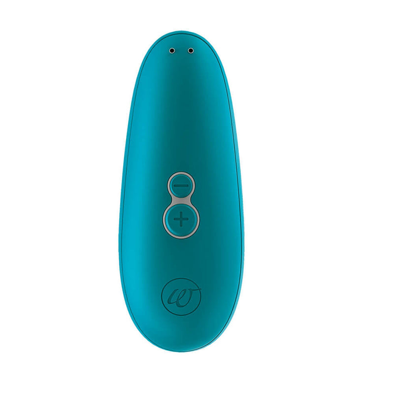 The handle faces the camera in this shot of the Womanizer Starlet 3. This view showcases the two buttons on the handle (Plus and Minus) in addition to the magnetic charging ports and the embedded Womanizer logo. | Kinkly Shop