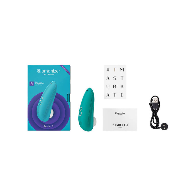 Everything that is included with a purchase of the Womanizer Starlet 3. The vibrator will come with a charging cable, the instruction manual, and a safety booklet. | Kinkly Shop