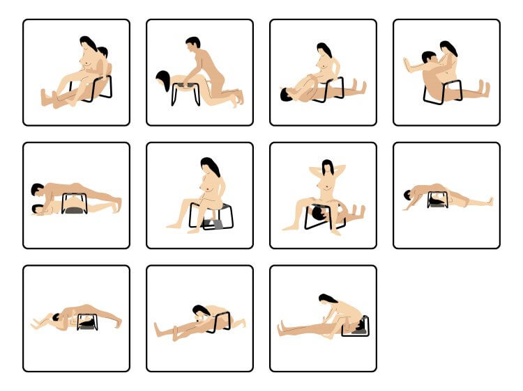 11 illustrated sex positions between two people that show how the XR Bangin' Bench can be used for intercourse between two people. | Kinkly Shop