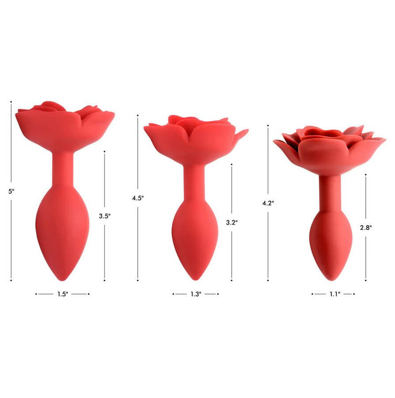 The three Master Series Booty Bloom sizes up against a white background. The measurements of the plugs are superimposed next to the three toys of various sizes. | Kinkly Shop