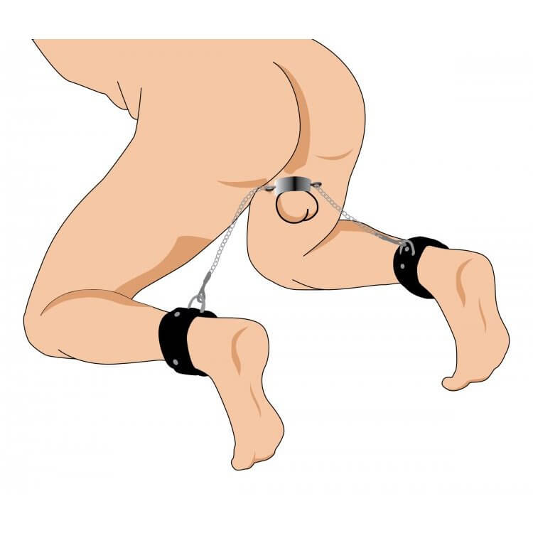 An illustration shows a person bent over while the Master Series Hell's Tether Ball Stretcher Humbler is attached to their testicles. The cuffs are wrapped around the person's ankles and attached to the ball stretcher as well. This gives an idea about how the Master Series Hell's Tether Ball Stretcher Humbler can function as a humbler | Kinkly Shop