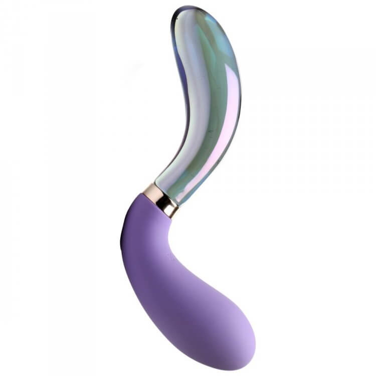 The XR Brands Prisms Vibra-Glass Pari up against a white background. The vibrator has a very curved design that looks like a light S-curve. One half of the toy is made from a clear glass while the other end is made from a purple silicone. | Kinkly Shop