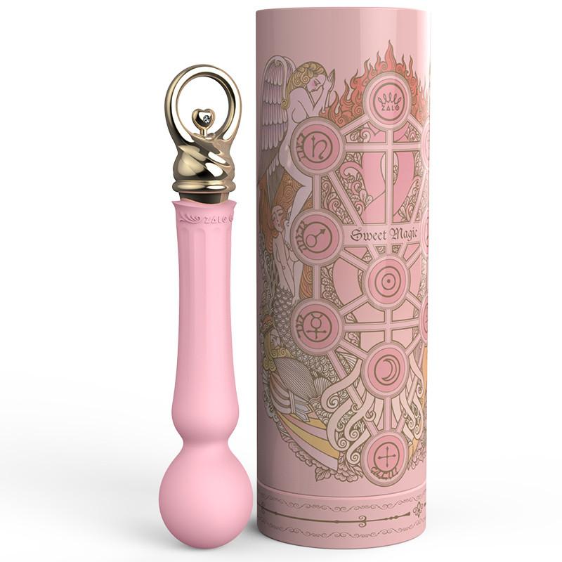 The ZALO Confidence Pre-Heating Wand Massager displayed next to its Victorian-styled packaging. | Kinkly Shop